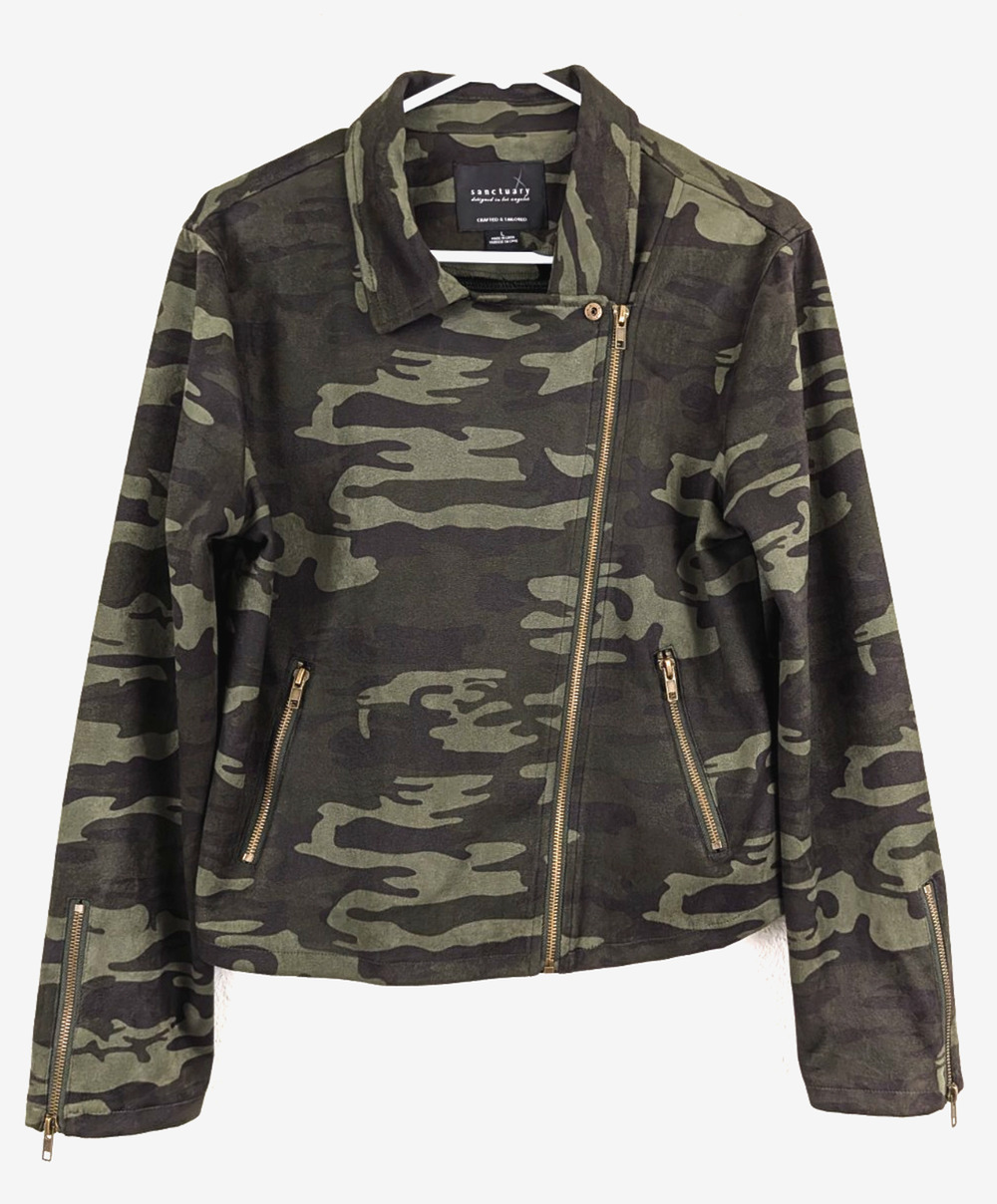 Sanctuary sz L Camouflage Moto Jacket asymmetrical zip faux suede women 3744